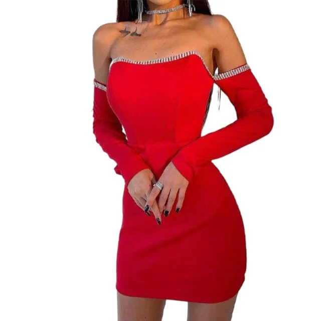 DressBetty - Corset Party Women Long Sleeve Diamond Mini Dress