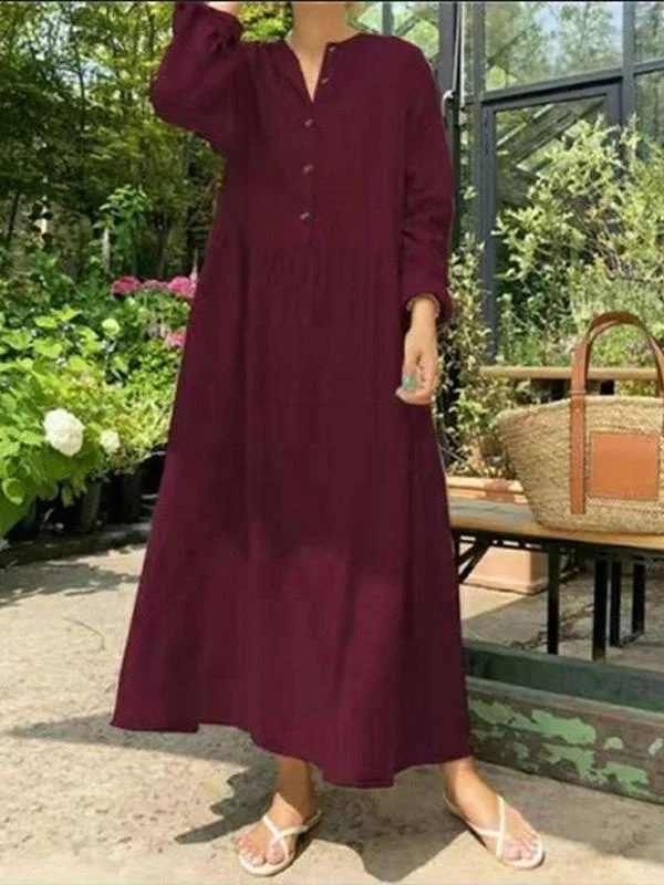 Dresses Loose Stand Collar Button Long Sleeve Dress for Women