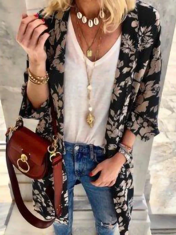 Fashion all-match floral print long sleeve cardigan