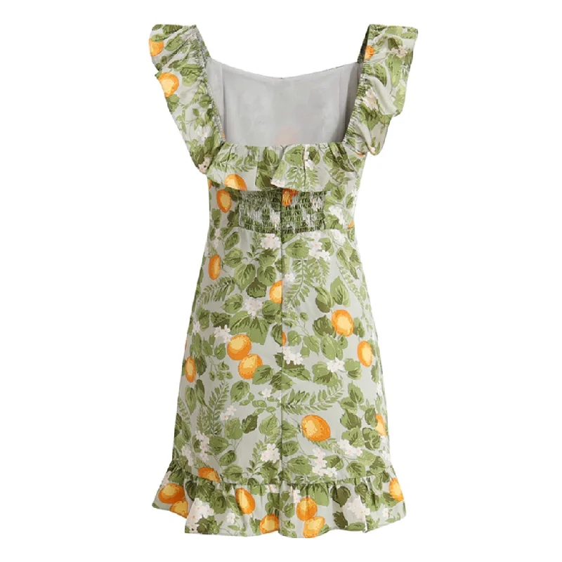 French Style Ruffle Scoop Neck Smocked Sleeveless Fruit Print Mini Sundress