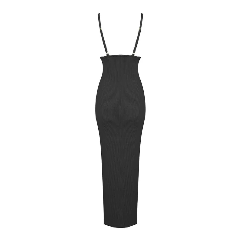 Sexy Ruched Bustier Spaghetti Strap Thigh High Ribbed Knit Midi Slip Dress