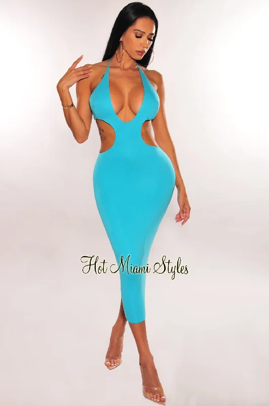 Aqua Halter V Neck Cut Out Open Back Midi Dress