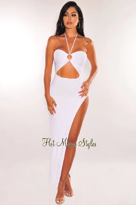 White Ribbed Halter O-Ring Cut Out Slit Maxi Dress