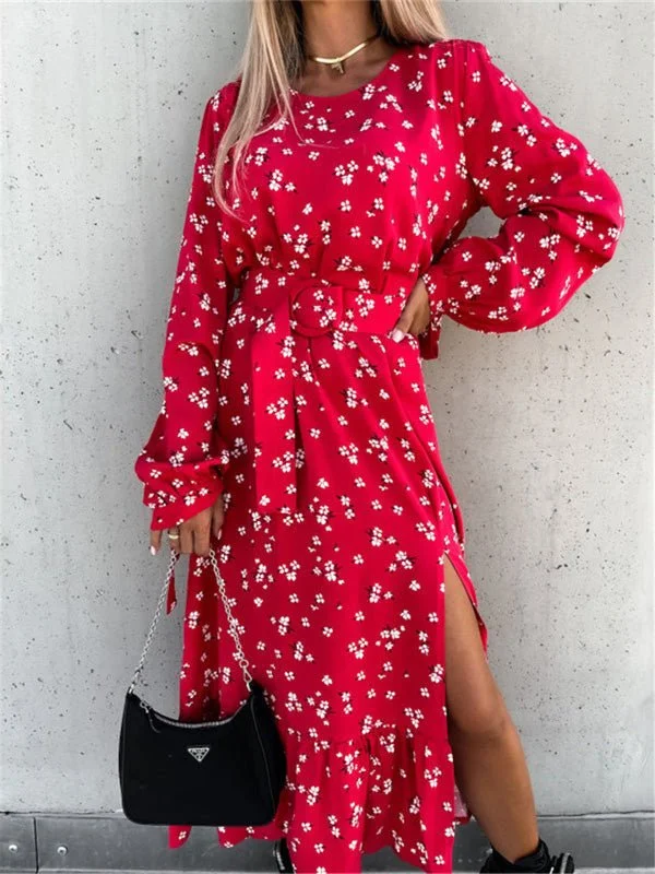 Women's Dresses Crew Neck Printed Long Sleeve Slit Dress