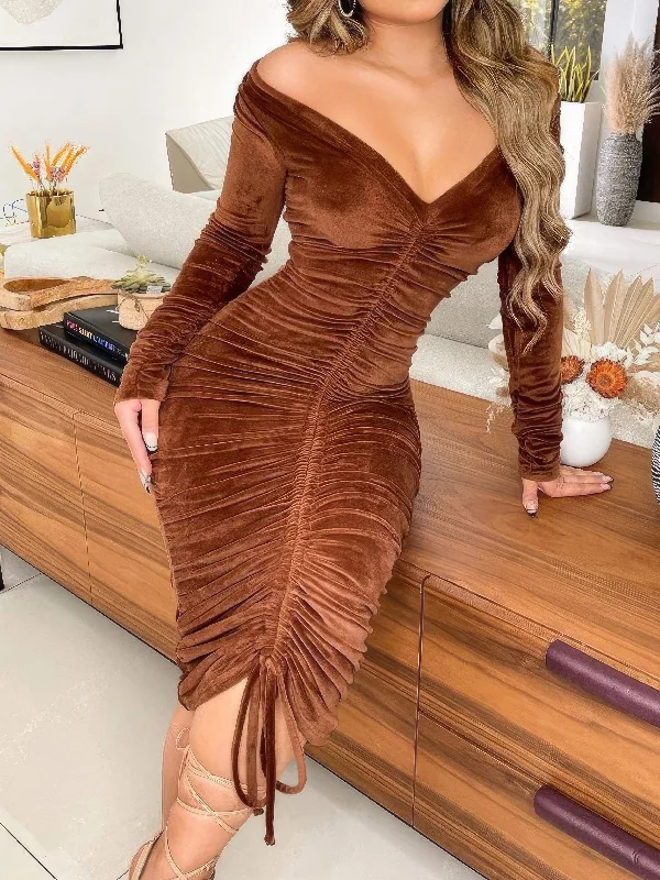 Solid Gold Velvet Drawstring Long Sleeve Dress