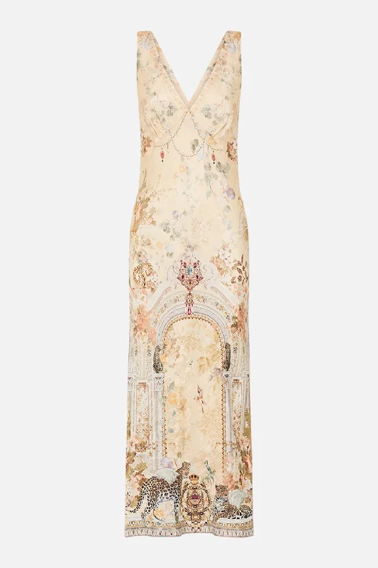 V-NECK JACQUARD SLIP DRESS ADORNED IN ANTIQUITY