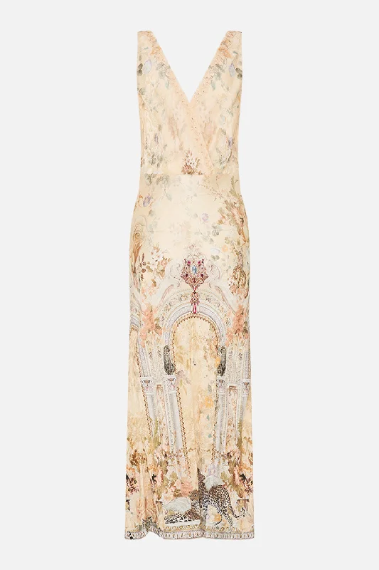 V-NECK JACQUARD SLIP DRESS ADORNED IN ANTIQUITY