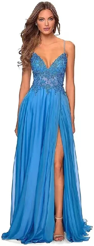 FashionSierra - V-Neck Prom Dress Lace Appliques Long Slit Backless Evening Dress