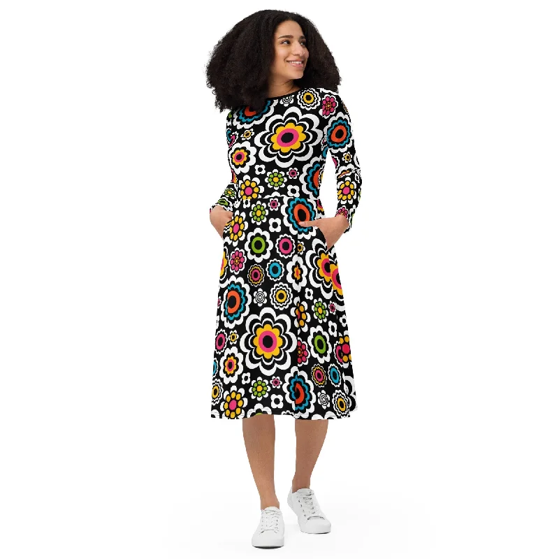 SUGAR BLOOM - Midi dress with long sleeves and handy pockets