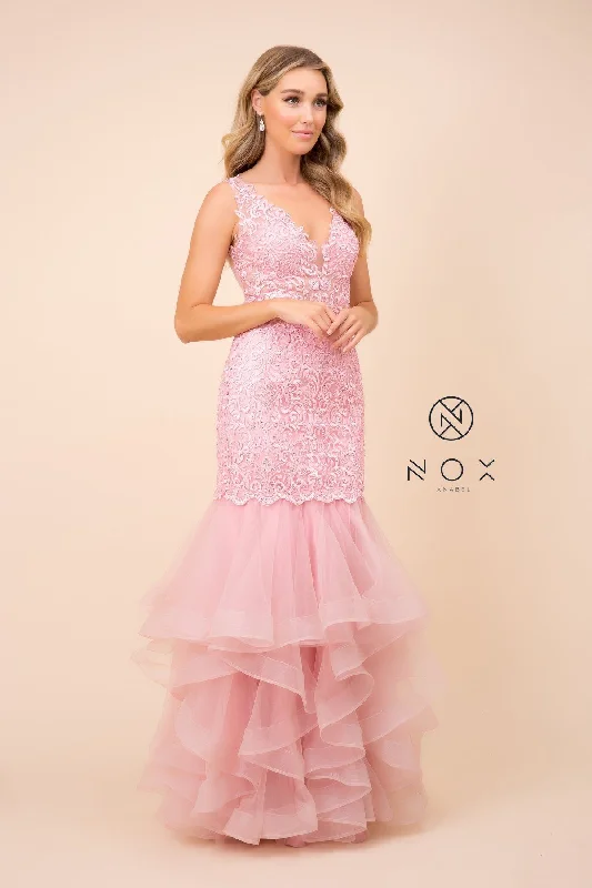 Beaded Lace Ruffled Mermaid Dress by Nox Anabel A059