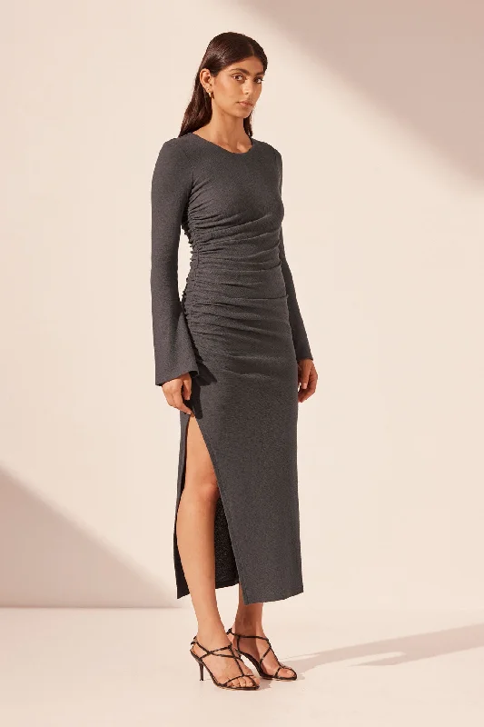 BEAU GATHERED LONG SLEEVE MIDI DRESS - DARK ASH