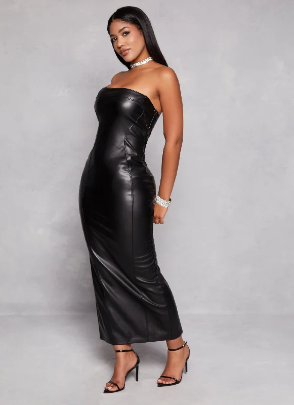 Faux Leather Cut Out Back Maxi Tube Dress