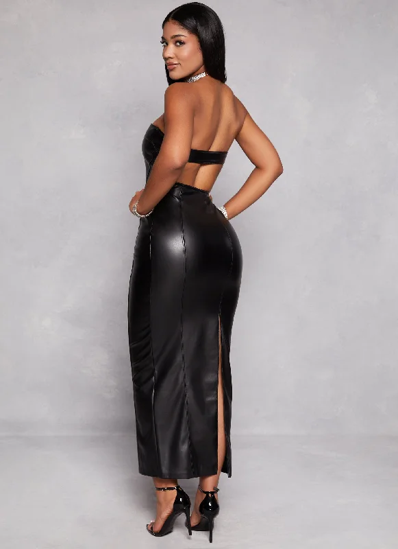 Faux Leather Cut Out Back Maxi Tube Dress