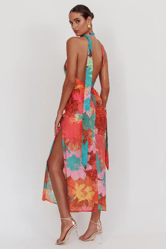 Cipriana Backless Halter Maxi Dress Floral Pink