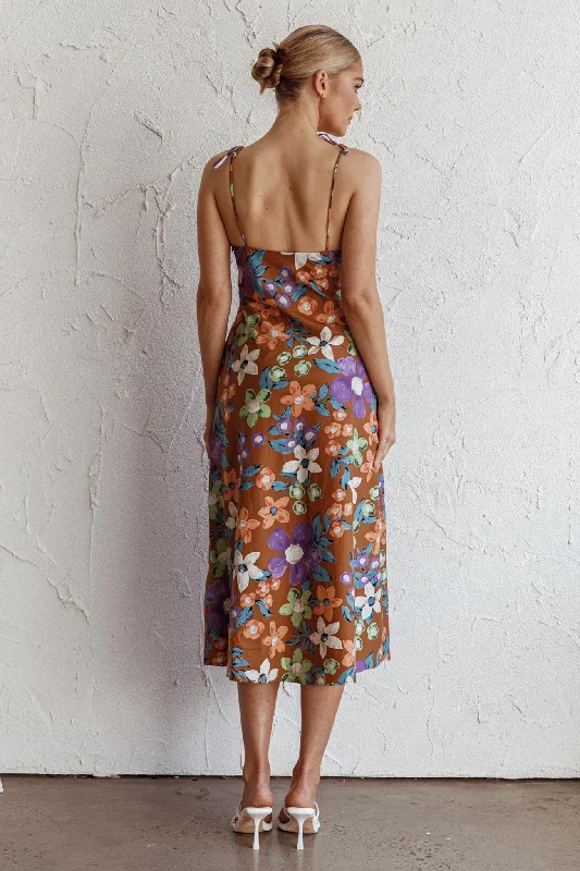 Clovelly Tied Shoulder Midi Dress Flower Terracotta