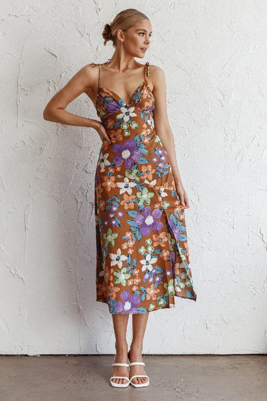 Clovelly Tied Shoulder Midi Dress Flower Terracotta