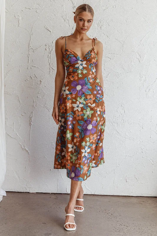 Clovelly Tied Shoulder Midi Dress Flower Terracotta