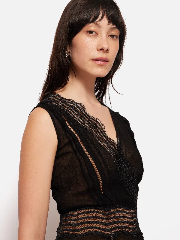 Crinkle Lace Trim Dress | Black