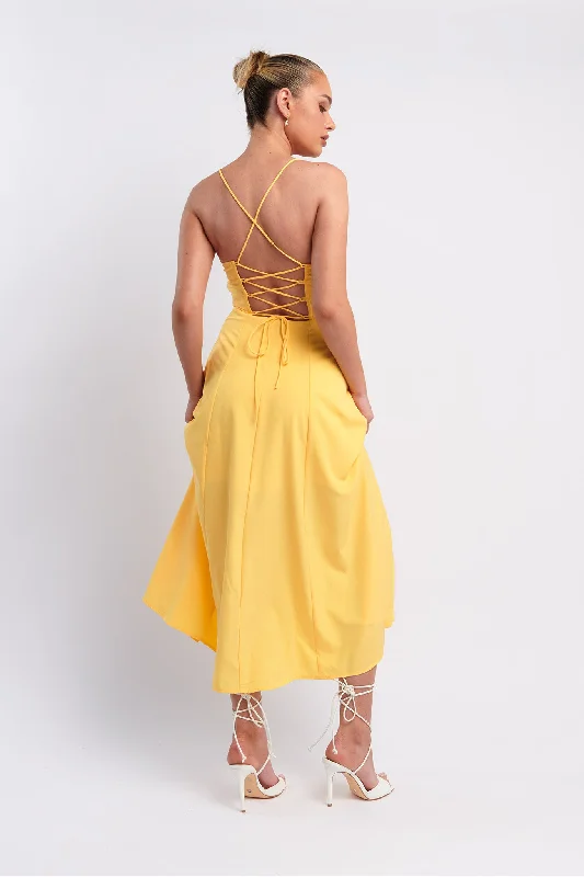 Euro Summer Split Hem Midi Dress Yellow