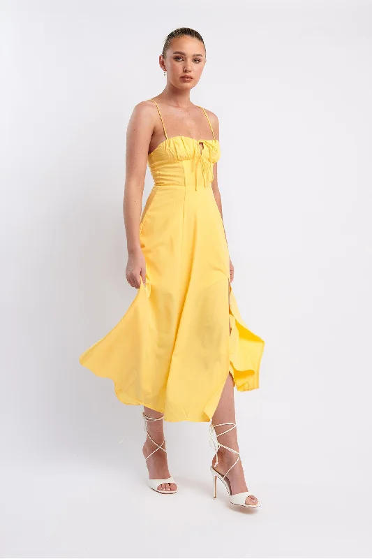 Euro Summer Split Hem Midi Dress Yellow