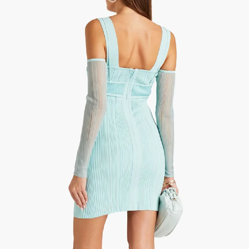 Fresh Sweetheart Cold Shoulder Suspended Strap Jacquard Bandage Mini Dress - Blue