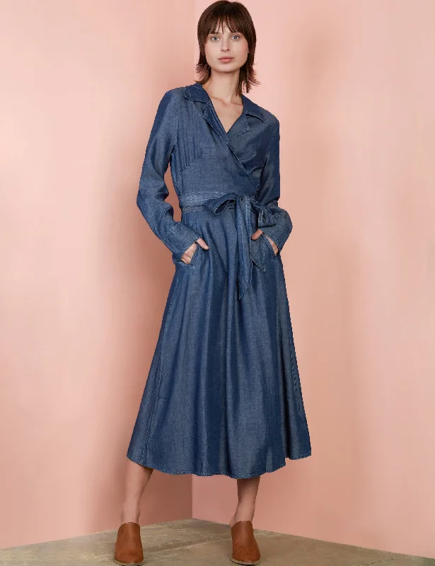 Tie Front Soft Denim Midi Dress