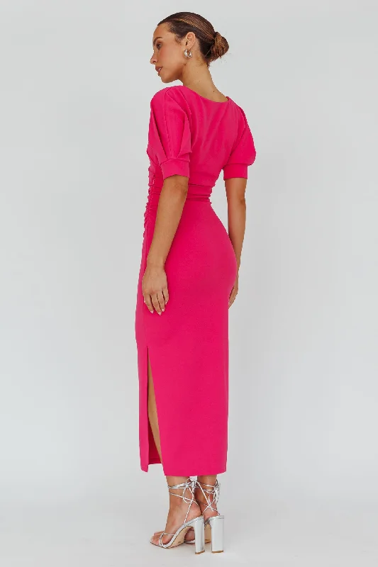 Valette Puff Sleeve Midi Dress Magenta