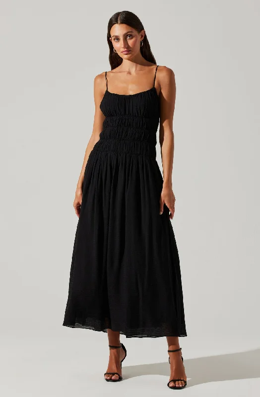 Andrina Smocked Midi Dress in Black