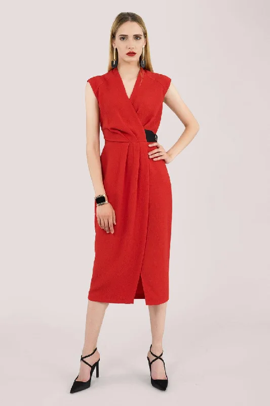 Red Pleated Midi Dress