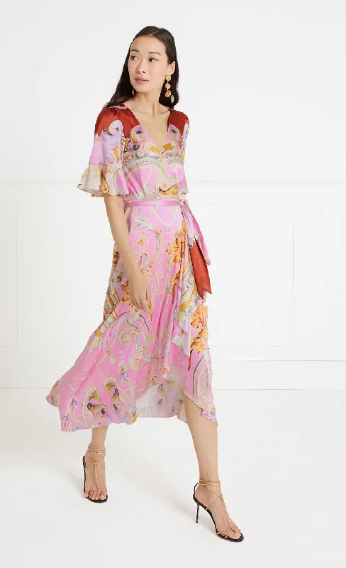 Carline Print Wrap Dress - Rose Pink