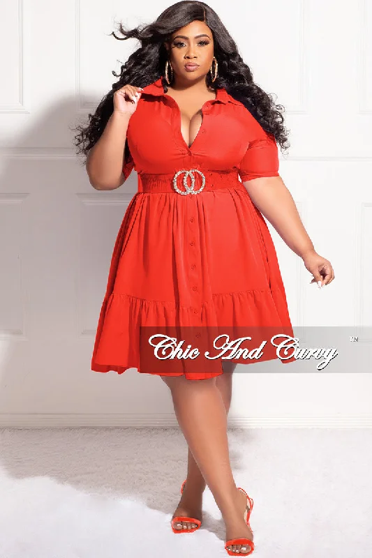 Final Sale Plus Size Collar Button Up Dress in Orange