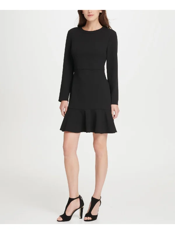 DKNY Women's Ruffled Long Sleeve Crew Neck Short Fit Flare Party Dress Size Black Size 8