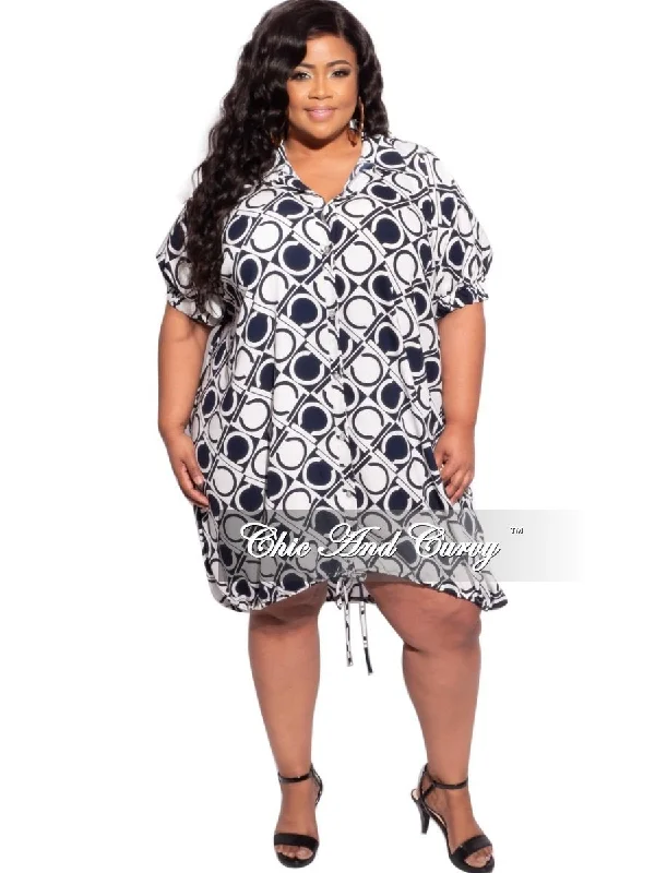 Final Sale Plus Size Button Tie Balloon Dress in Navy & Off White Initial Geometric Print