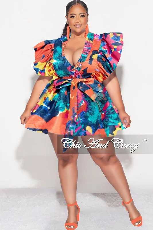 Final Sale Plus Size Ruffle Trim Babydoll Bubble Dress with Cutout Back in Dark Multi- Print