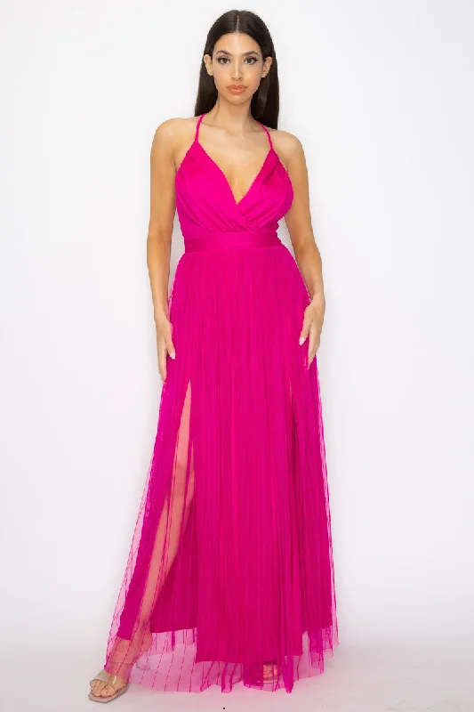 Pleated Mesh Slit Maxi Dress