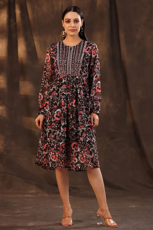 Juniper Black Chiffon Abstract Printed Flared Midi Dress.