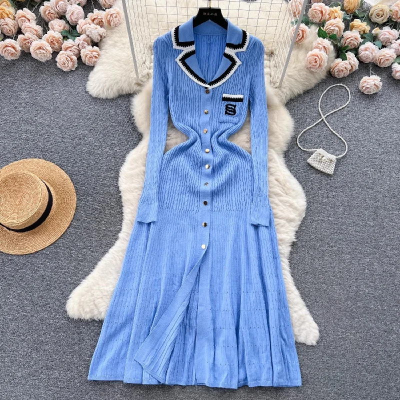 knitted dress women embroidered sweater long skirt     S4519