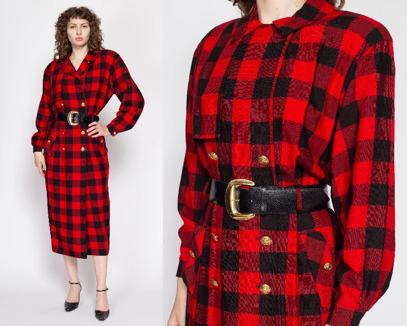 Medium 80s Red & Black Buffalo Plaid Secretary Midi Dress