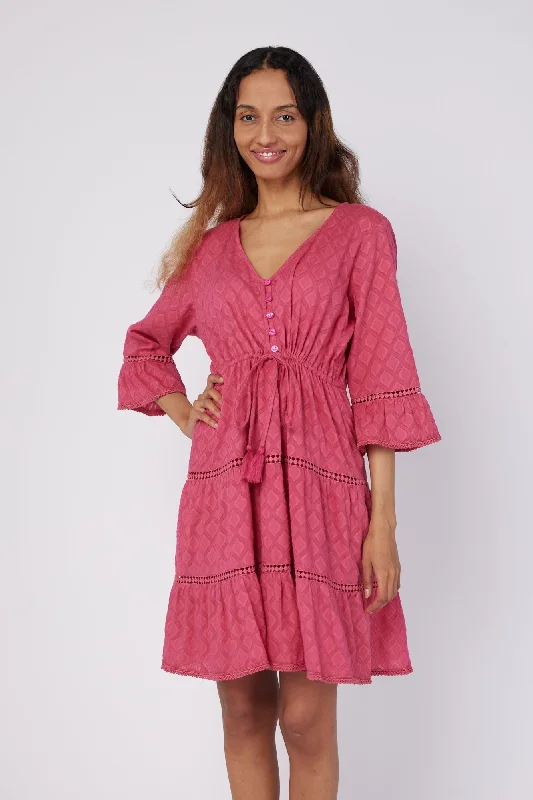 Desideria 3/4 Frill Sleeve Drawstring Empire Jacquard Knee Length Dress in Raspberry