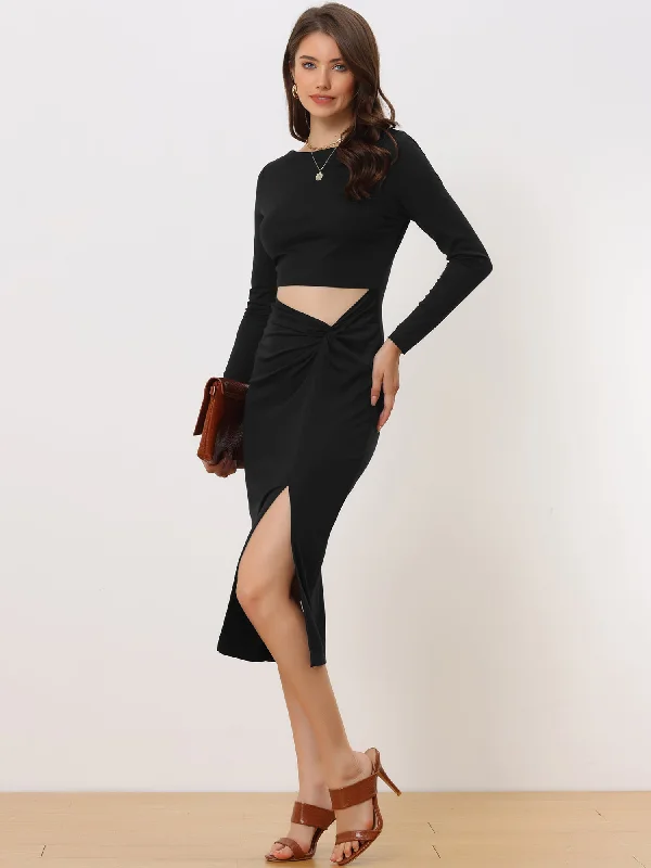 Scoop Neck Cut Out Long Sleeve Ruched Split Bodycon Dress