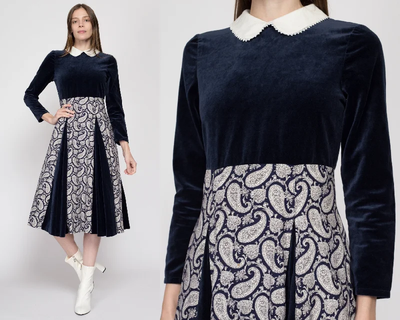 Petite Small 80s Blue Velvet Paisley Fit & Flare Dress