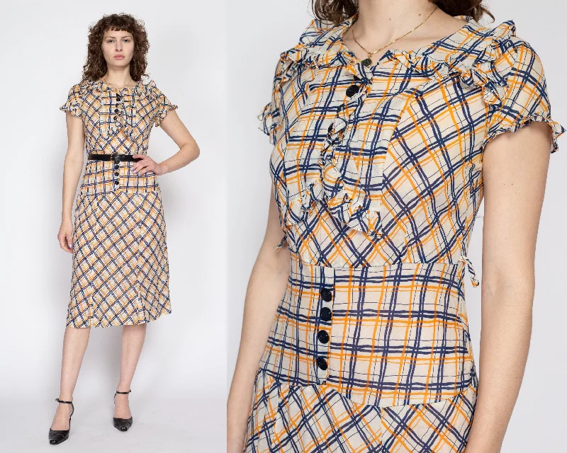 Small 1930s Plaid Ruffle Drop Waist Day Dress