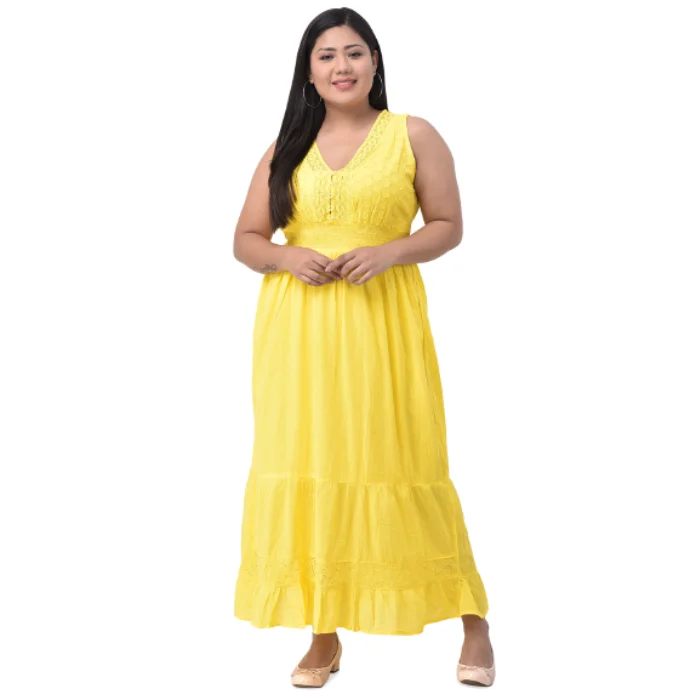 Women Yellow Embroidered Maxi Dress Plus Size