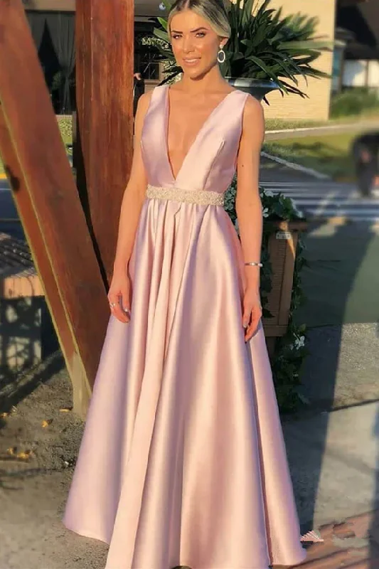 Fashion A Line Deep V Neck Pink Beaded Open Back Prom Dresses Evening Formal Dress gh2269