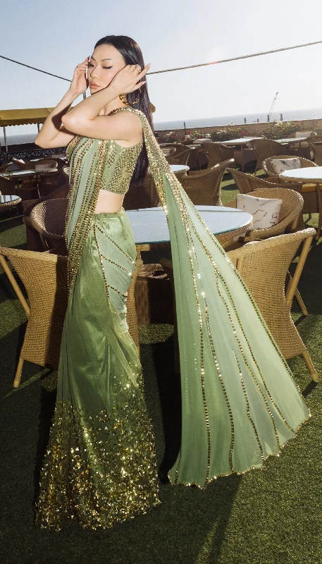 Jessica Wang in Olive Shaded Embellished Saree Set