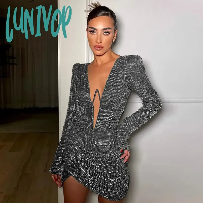 Lunivop Long Sleeve Party Dresses Mini Sexy Evening Night Dress Bodycon Glitter Dress V Neck Autumn Summer Dresses for Women