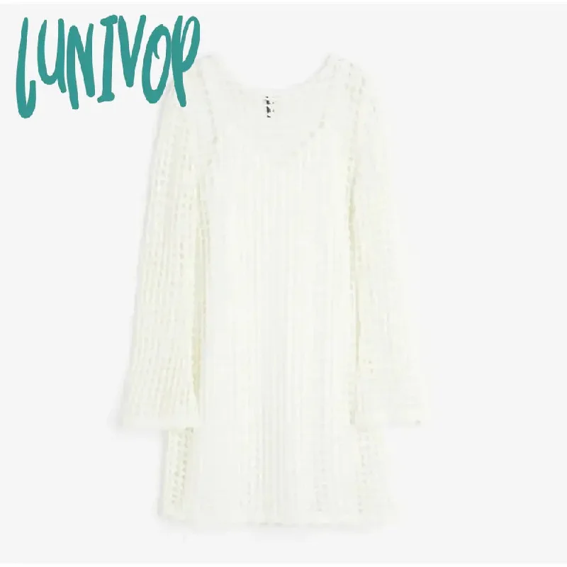 Lunivop Sexy Hollow Out Knitted Mini Dress For Women Chic Round Neck Long Sleeved Short Vestido Autumn Lady Fashion Streetwear