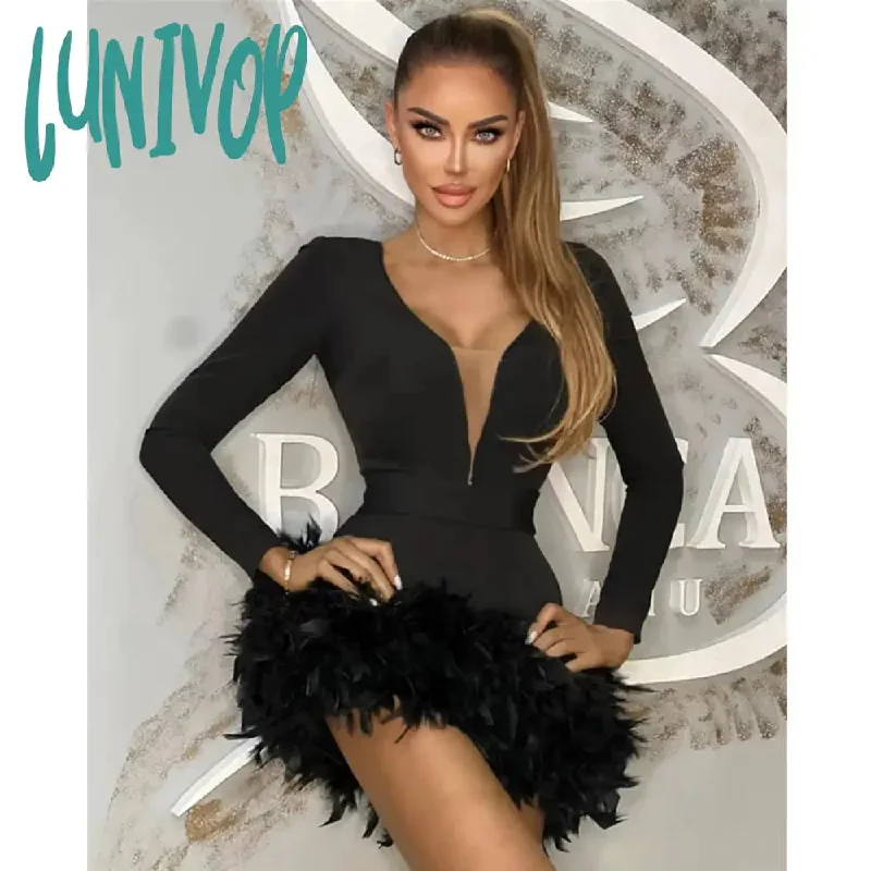 Lunivop Winter Fashion Women Sexy V Neck Long Sleeve Feather Black White Mini Bandage Dress  Elegant Evening Club Party Dress