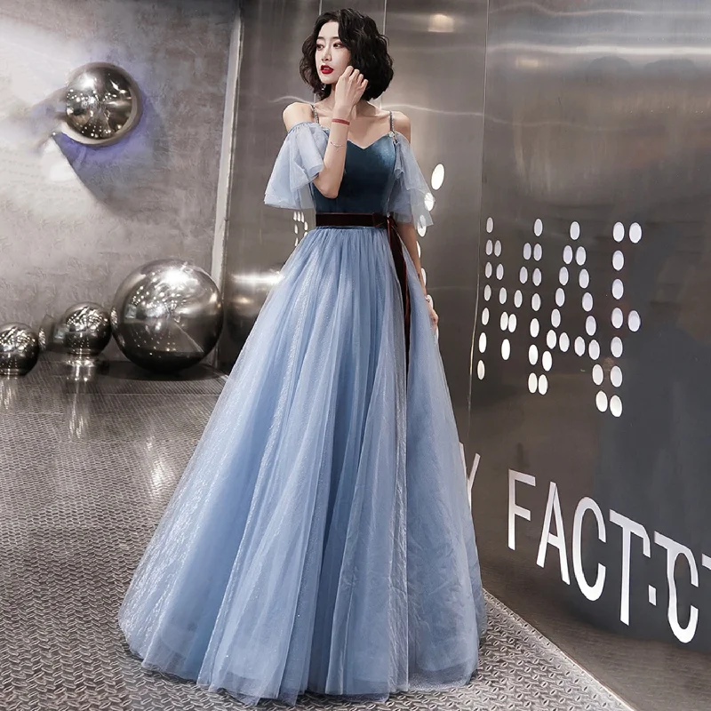 Blue tulle long A line prom dress evening dress  8995