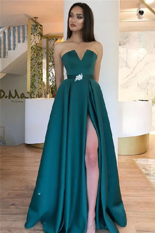 Elegant Prom Dresses V Neck Strapless Satin Teal Beaded Belt Side Slit gh1074